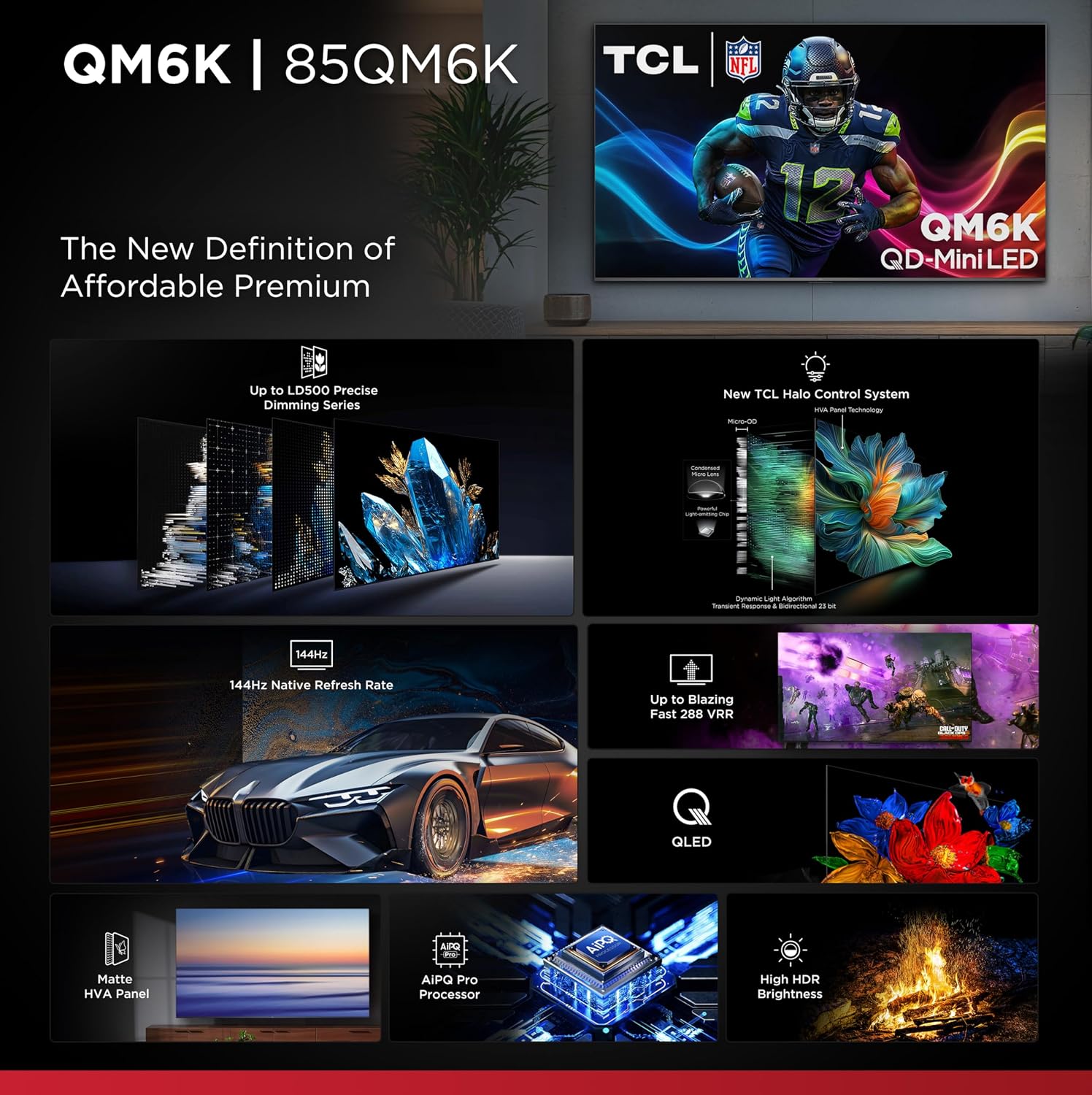 TCL 85 Inch Class QM6K Series | Mini LED QLED 4K HDR | 85QM6K, 2025 Model | 120HZ-144HZ High Brightness Smart Google TV Dolby Atmos Onkyo Audio | Voice Remote Alexa Gaming Streaming Television