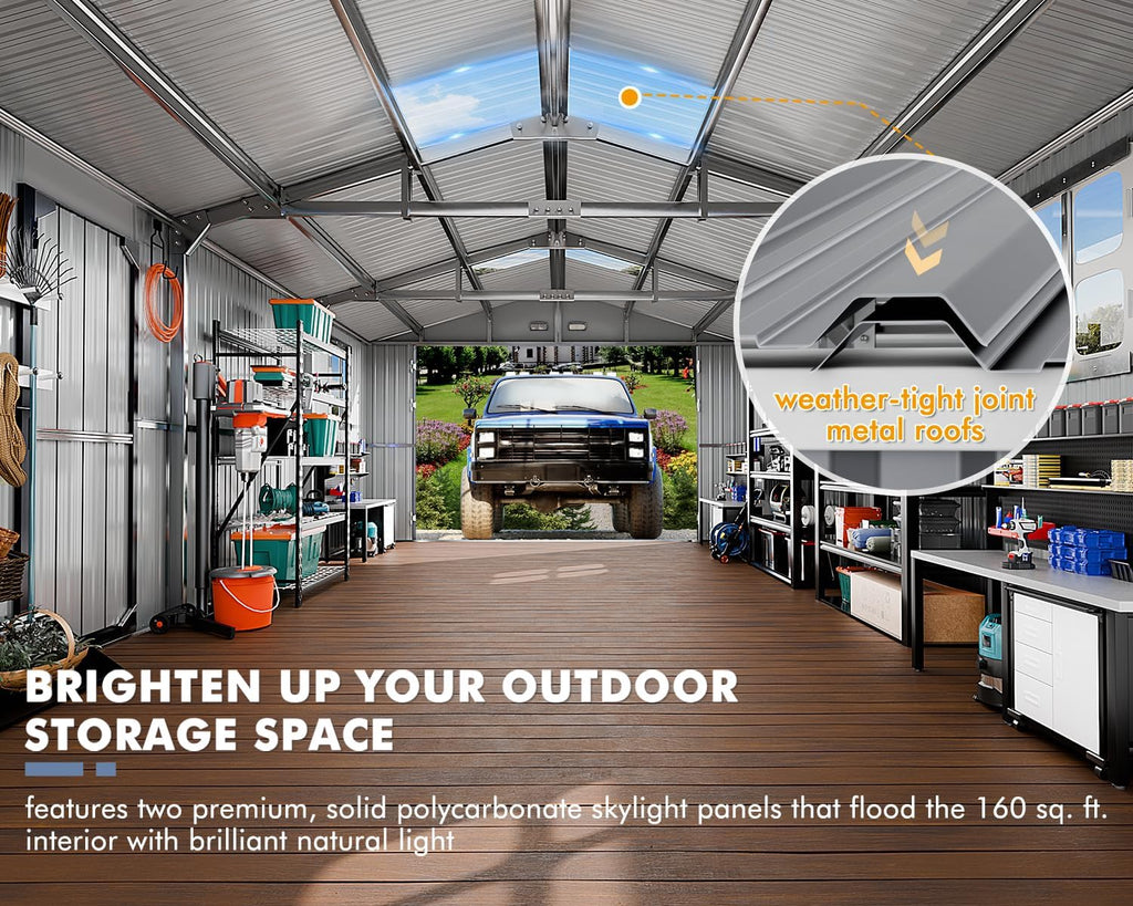 K Knowbody 13x20x8.3 FT Metal Garage Shed with Base Floor Kit, Heavu-Duty Powder-Coated 18-Gauge Steel Frame, 100 PSF Snow & 150 MPH Wind Rated, Skylight Dual-Entry Carport Workshop