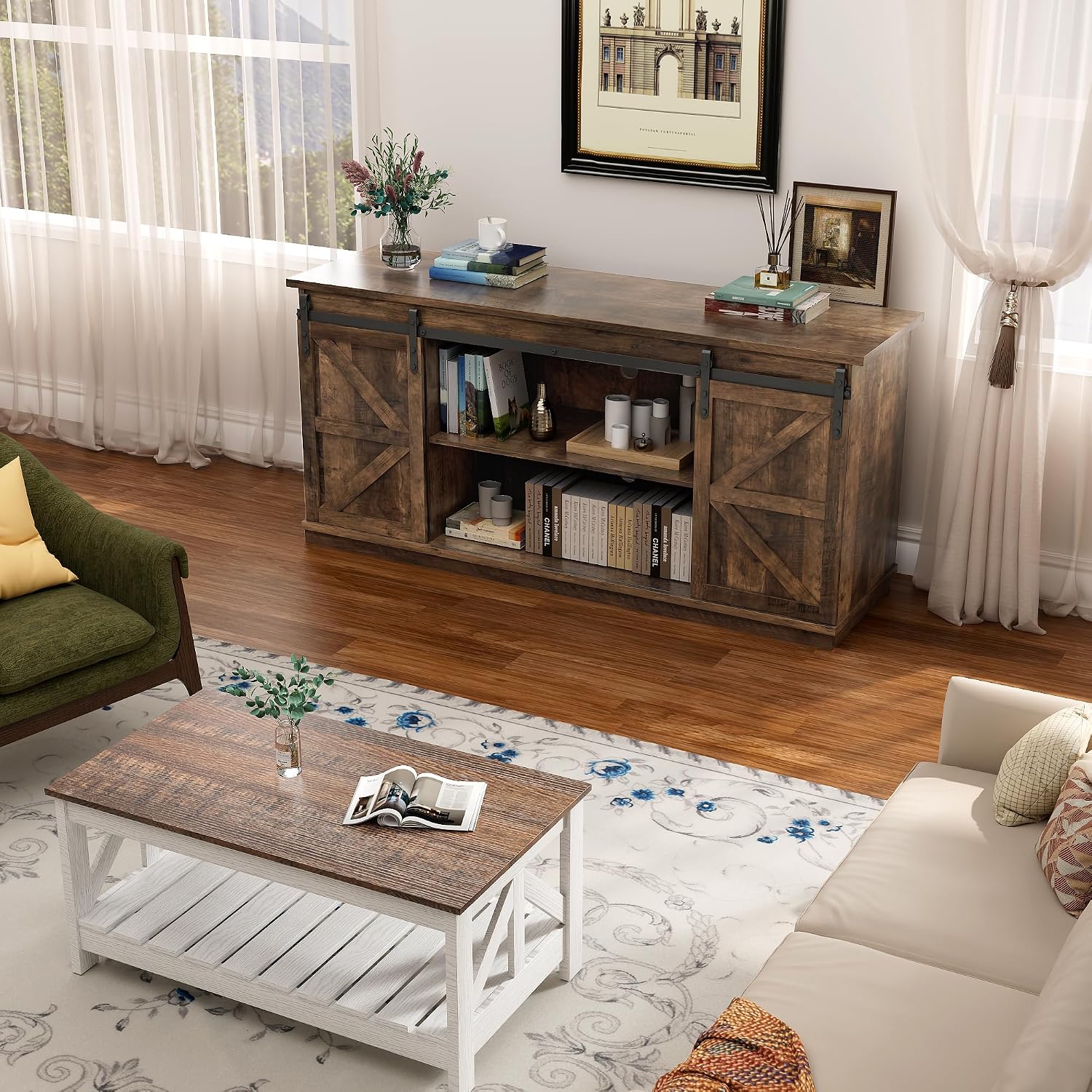 YESHOMY TV Stand for Televisions up to 65 Inches, with Sliding Barn Doors and Storage Cabinets, Console Table and Media Furniture for Living Room, 58 Inch, Barnwood