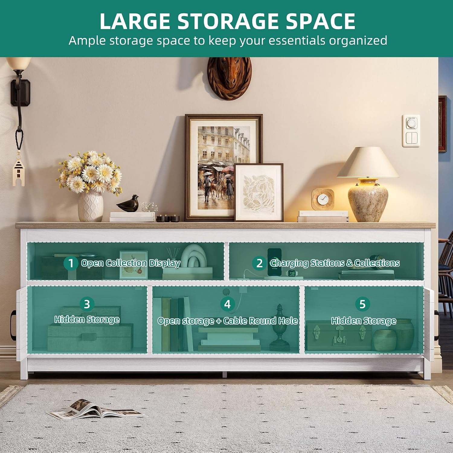 YITAHOME Farmhouse TV Stand for 65/75 Inch Television, Entertainment Center Television Stand with Power Outlets and Open Shelf, Media Console TV Cabinet for Living Room, Grey White/Grey Wash