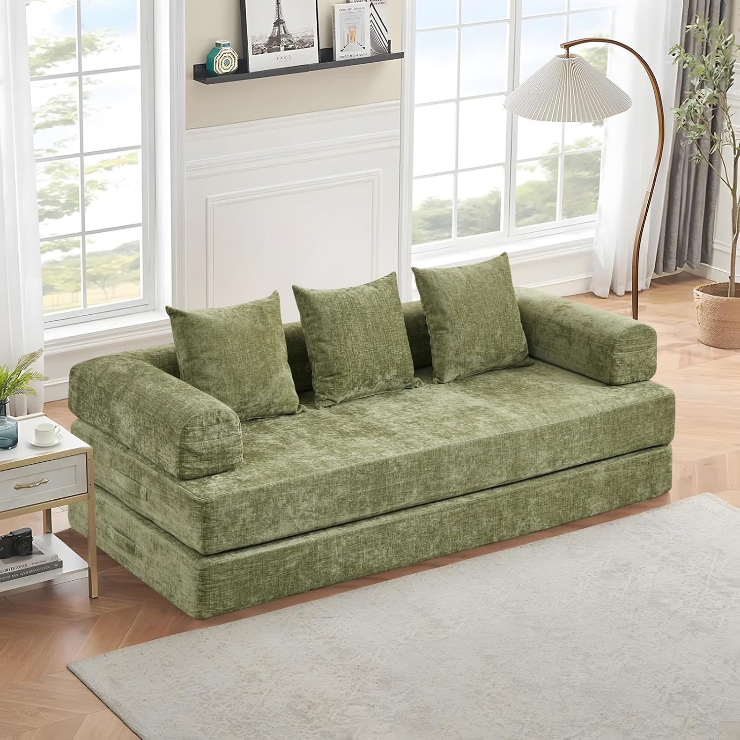 Futon Sofa Bed, Modular Convertible Folding 3 Seater Chenille Foam Floor Loveseat Sleeper Sofa Couch with 3 Pillows, No Assembly Compressed Boneless Couch, for Living Room Bedroom Guest Room, Green