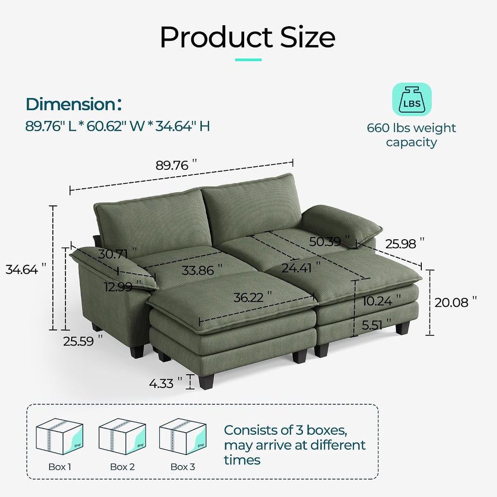 LINSY HOME Modular Sectional Sofa - Oversized Corduroy Cloud Couch with Movable Ottoman Soft Modern Comfy Sofa Set for Living Room Apartment Office, Green