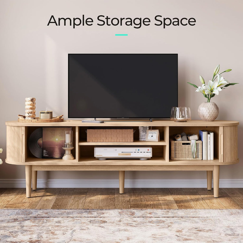 LINSY HOME 70' Fluted TV Stand for TVs up to 80 Inch, Mid Century Modern Entertainment Center with Storage Cabinet and Sliding Doors, Farmhouse Wood Media TV Console for Living Room, Bedroom, Oak