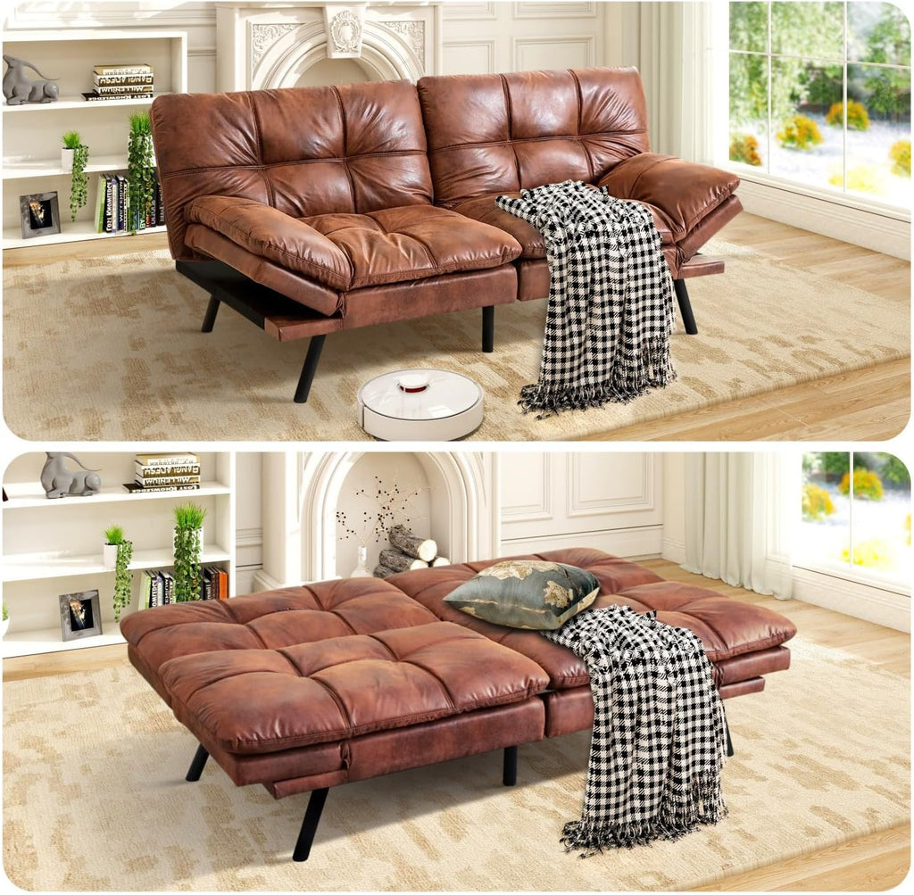 MUUEGM Brown Futon Sofa Bed Leather Memory Foam Modern Office Couch Sleeper Bed Convertible Love seat Sofa for Small Spaces,Apartment,Office with Adjustable Armrest Backrest