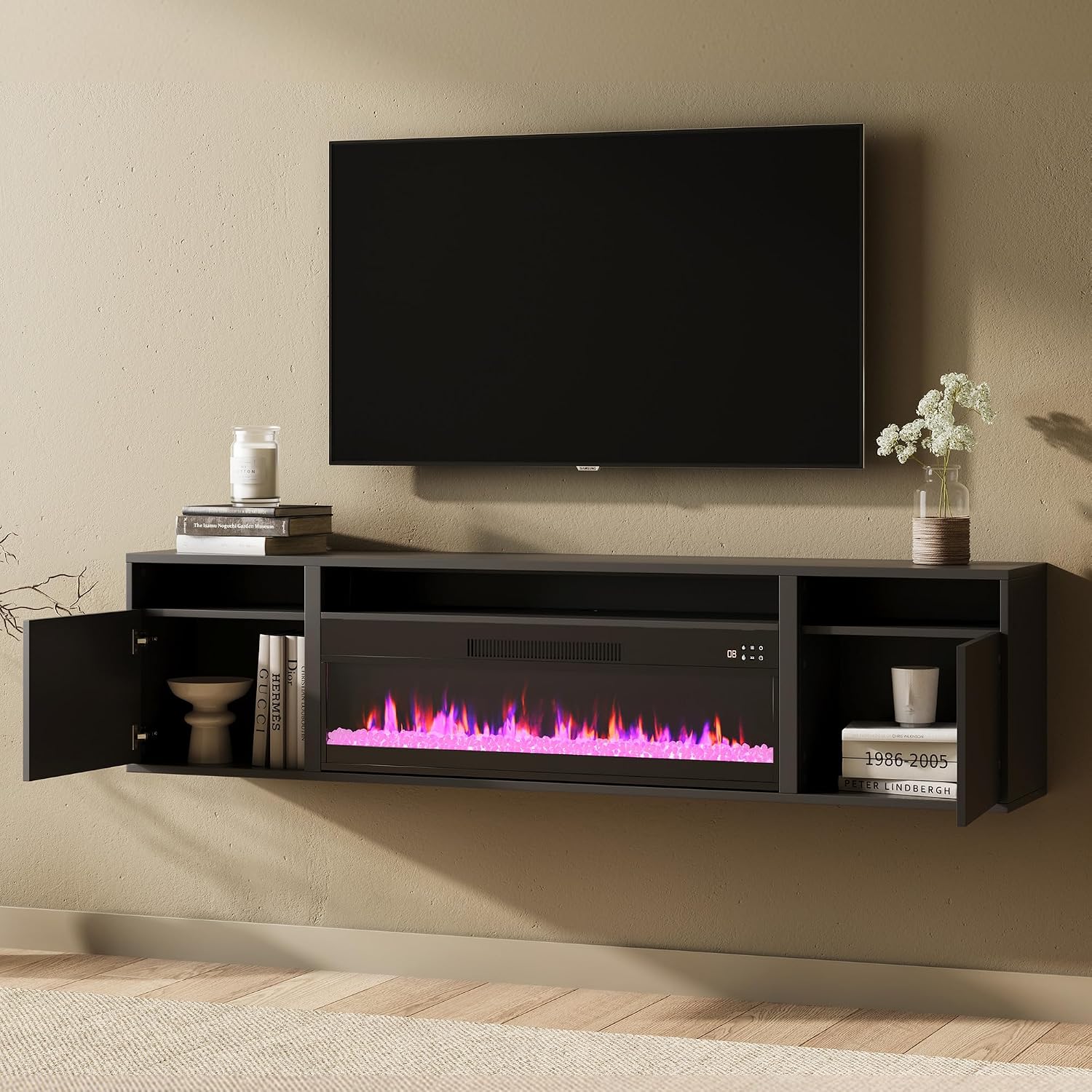 BELLEZE 70' Floating Fireplace TV Stand Wall Mounted with 36' Electric Fireplace,960 RGB Colors Entertainment Center with Storage for TVs up to 80', Modern Media Console TV Shelf for Living Room