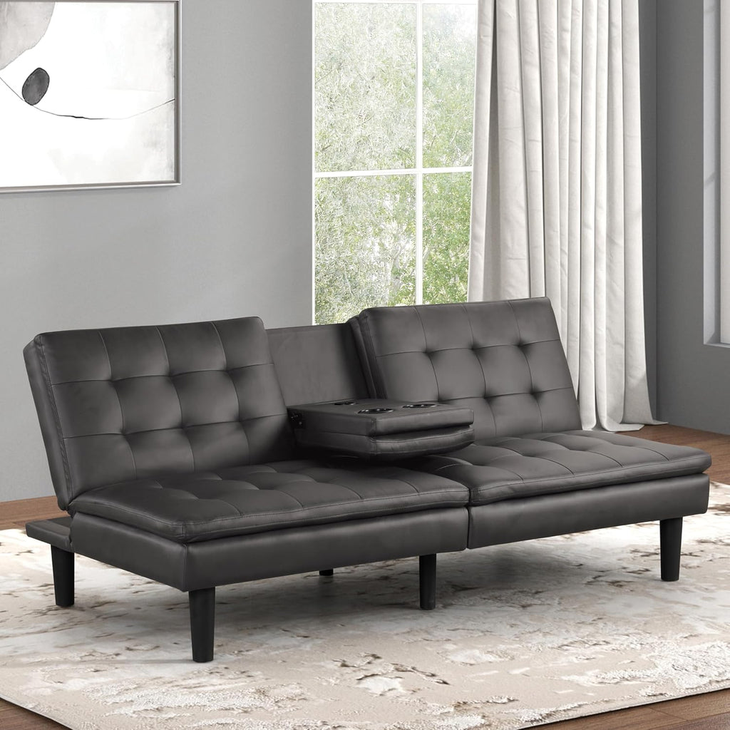 Furniture of America Fallein Modern Contemporary Wood 71.5-inch Futon Sofa Bed with Drop-Down Table, Cup Holders, USB-A Charger, Biscuit Tufting for Bedroom, Guest Room, Gray