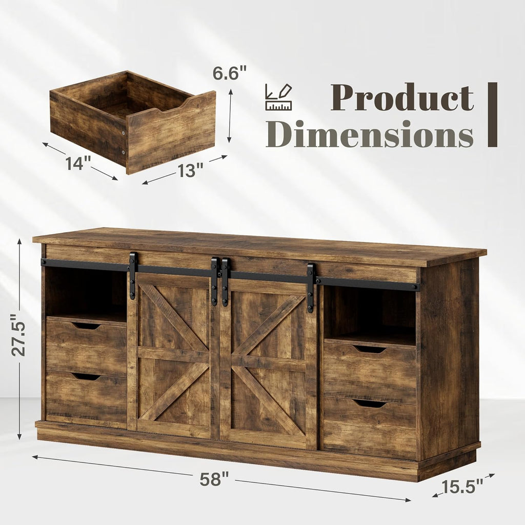 YESHOMY Farmhouse TV Stand for Televisions up to 65 Inch, Wood Entertainment Center with Sliding Barn Doors and 4 Storage Drawers, 58'' Media Console Cabinet with Shelves for Living Room, Barnwood