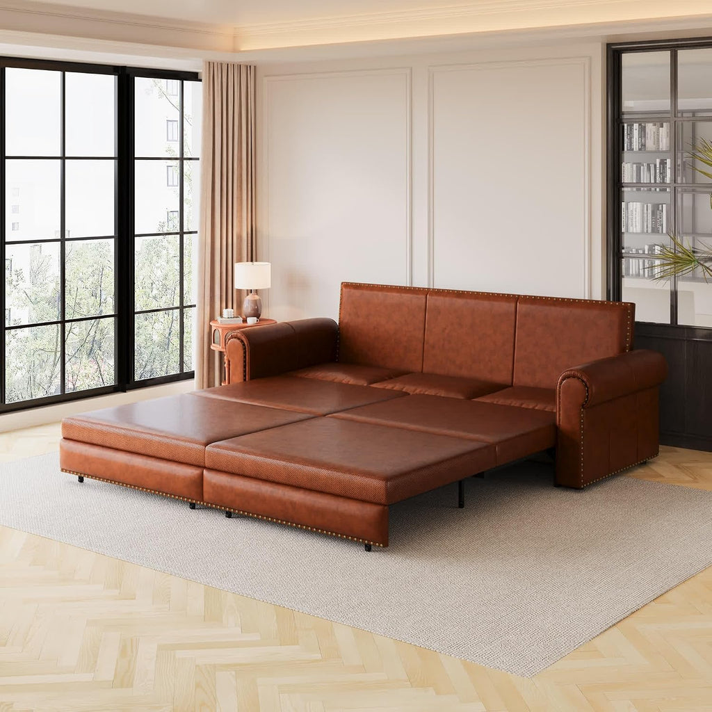93.7' King Pull Out Sofa Bed, Faux Leather Sleeper Sofa Couch, 3 in 1 Convertible Futon Couches for Living Room, Small Space, Apartment, Office, Bedroom, Modern Rivet Armrest, Light Brown