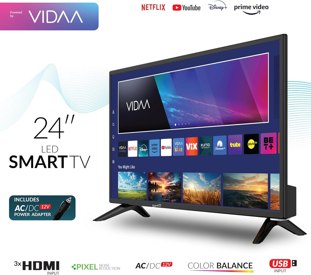 Supersonic SC-2420VTV 24-inch Smart AC/DC LED TV, Powered by VIDAA, 1080p, WiFi, Built-in Speakers, USB, 3X HDMI ARC, for Kitchen, RV, Boat, Truck, Playroom, Dorm Room, Remote, DC Car Cord Included
