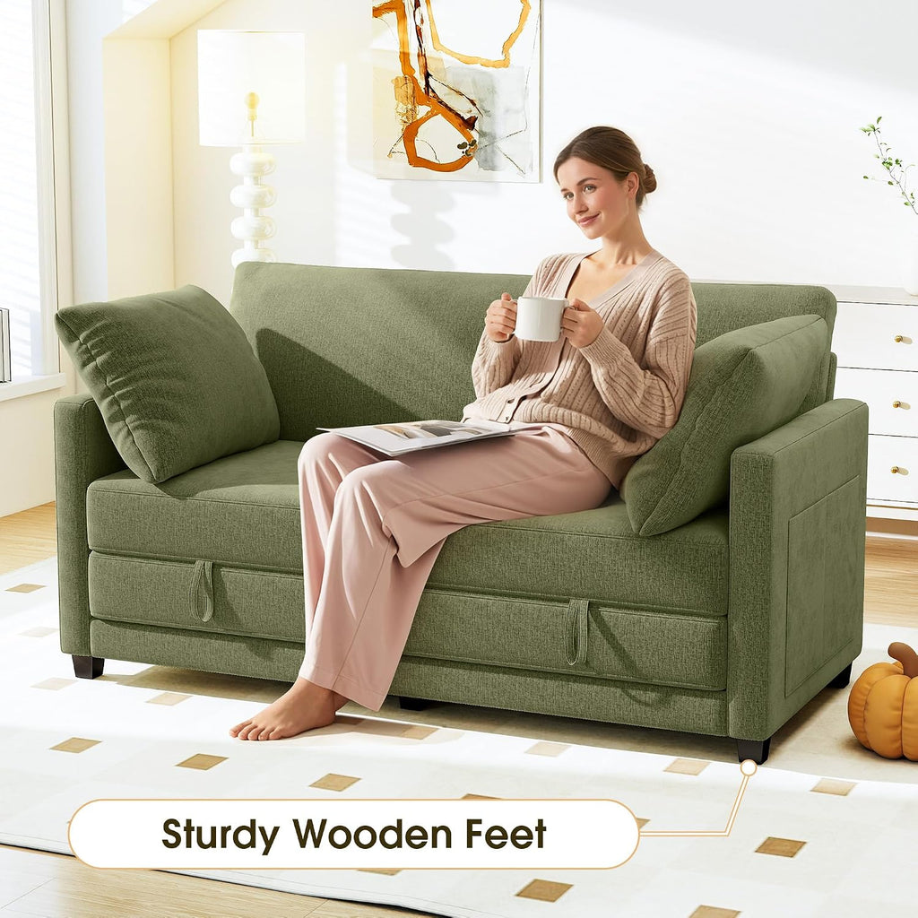 65' Convertible Loveseat Sleeper Sofa Bed, 2 in1 Folding Sofa Bed, Loveseat Sofa for Small Spaces, Fold Out Floor Couch with 2 Pillows for Apartment, Office & Guest Room (Green Chenille, 65 inch)