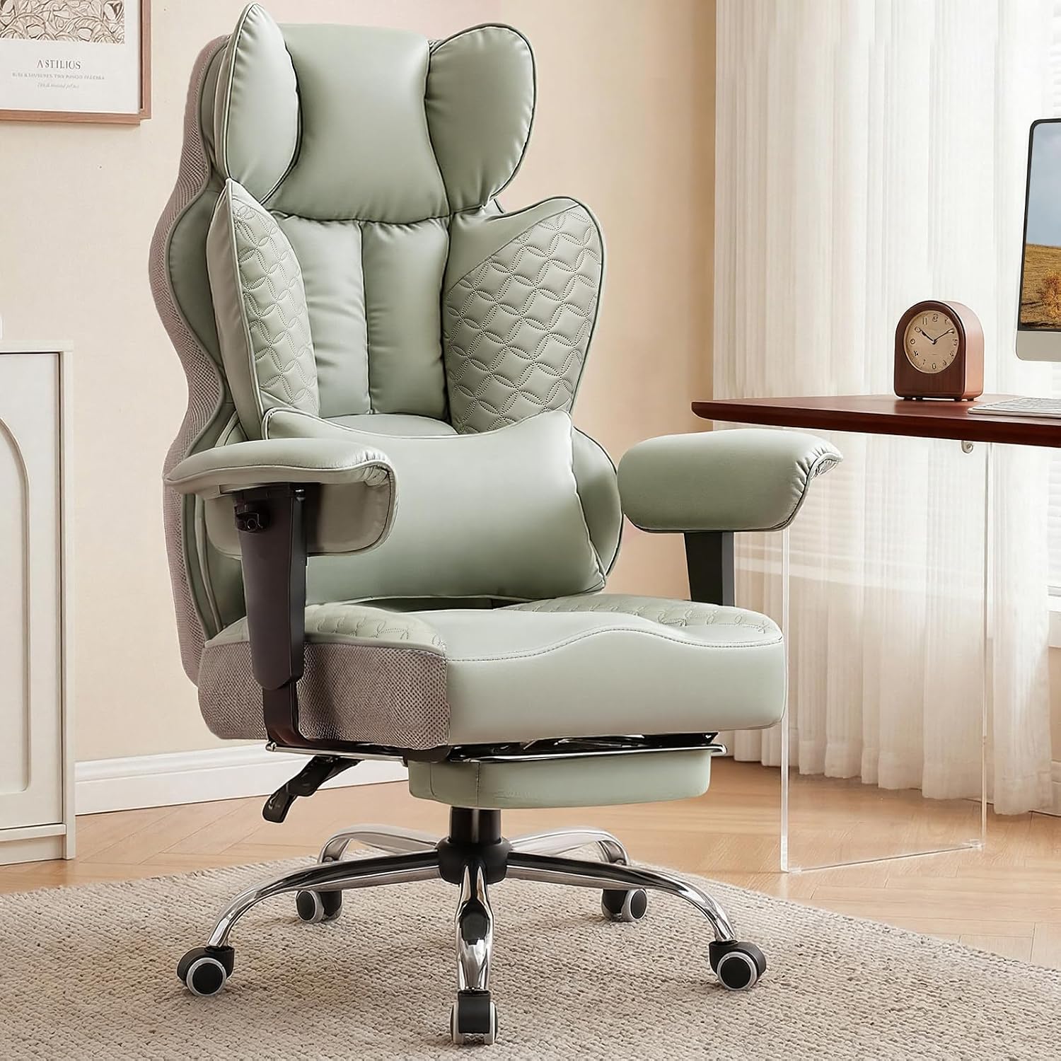 GTPOFFICE Big and Tall Office Chair 400LBS Wide Seat Computer Gaming Chair with Footrest & Comfy Lumbar Support, Leather High Back Executive Chair with Ergonomic Pressure Relief Seat Cushion, Green