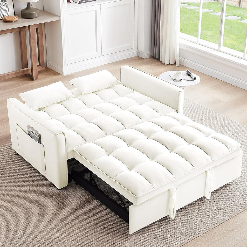 3 in 1 Convertible Sleeper Sofa Bed,Futon Pull Out Couch with Adjustable Backrest,Velvet Fabric Loveseat Sofa with Side Pocket for Bedroom, Living Room (Beige)