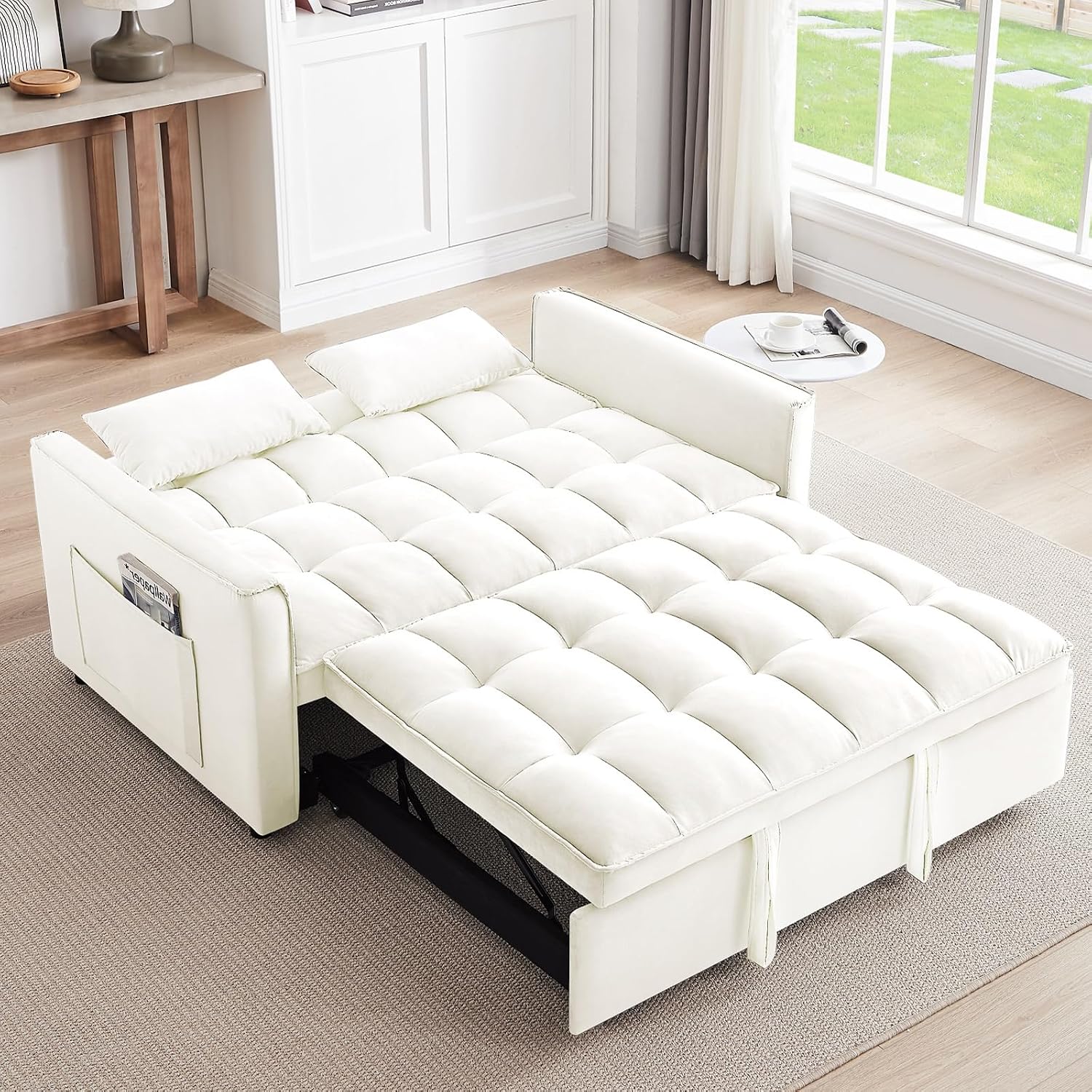3 in 1 Convertible Sleeper Sofa Bed,Futon Pull Out Couch with Adjustable Backrest,Velvet Fabric Loveseat Sofa with Side Pocket for Bedroom, Living Room (Beige)