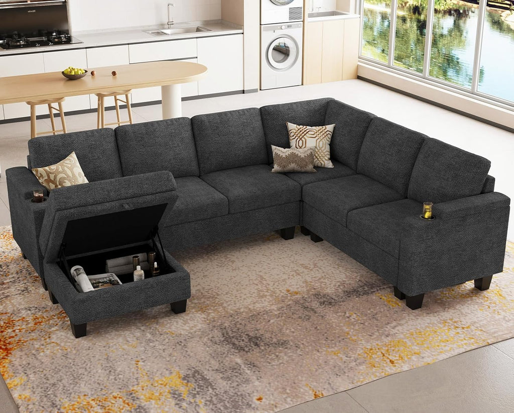 Belffin Chenille Modular Sectional Sofa Convertible L Shaped Corner Couches for Living Room with Storage Armrest with Cup Holder Dark Grey Couch