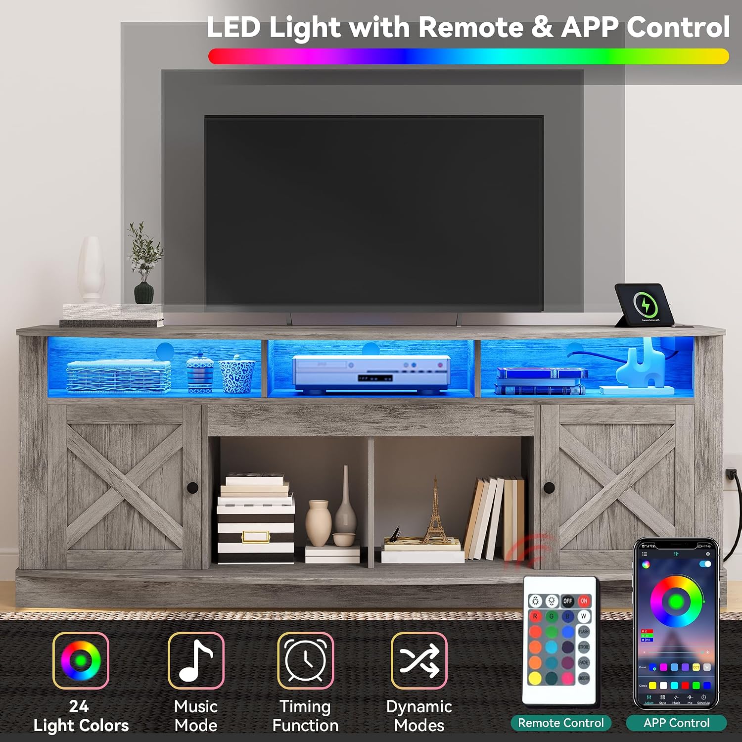 YITAHOME TV Stand for 75/80 Inch TV, Light Rustic Grey Entertainment Center 70 Inches Wide, Media Furniture TV Table with with Power Outlet, TV Consoles for Living Room, Curved Desktop