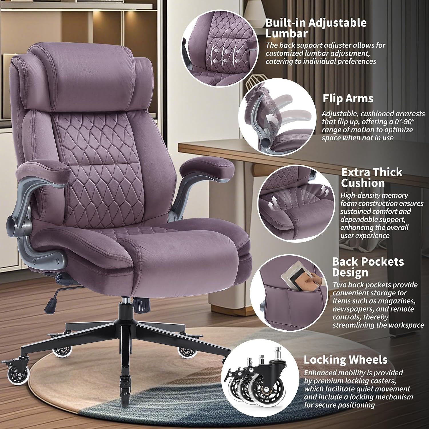 Office Chair with Locking Wheels, Ergonomic High Back Fabric Desk Chair with Adjustable Lumbar Support, Flip-Up Arms, Thick Padded Seat, 400lbs Heavy Duty for Home Office Adults