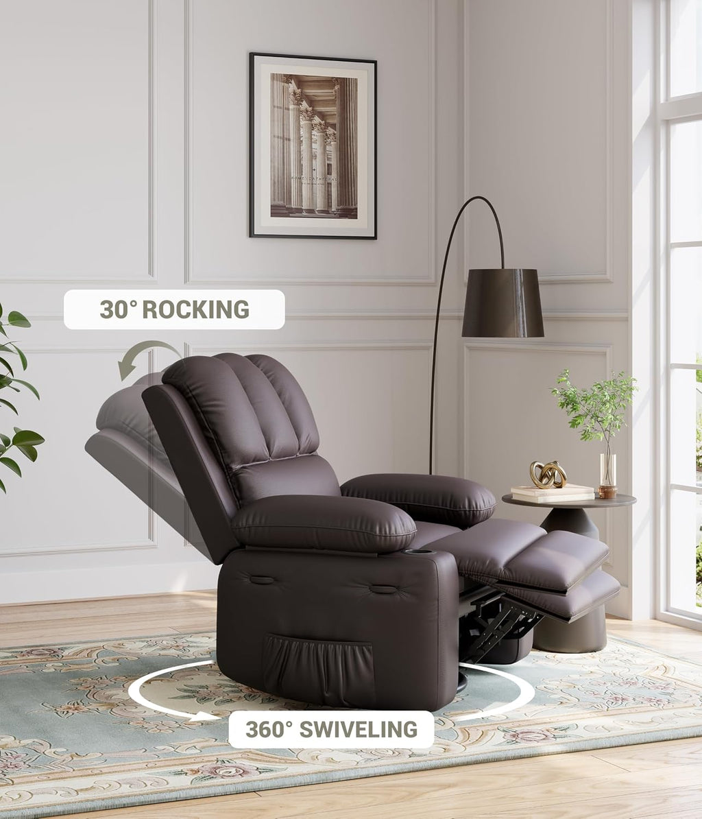 GarveeHome 22 in Rocker Swivel Recliner Chair, Lazy Recliner for Adults, with 1.5X Sponge Filling, Side Pocket, and Cup Holder, for Living Room, Bedroom, and Nursery, Coffee