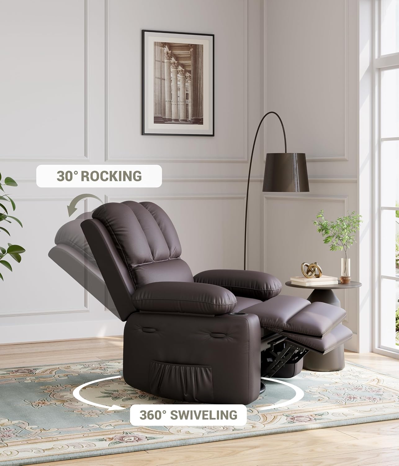 GarveeHome 22 in Rocker Swivel Recliner Chair, Lazy Recliner for Adults, with 1.5X Sponge Filling, Side Pocket, and Cup Holder, for Living Room, Bedroom, and Nursery, Coffee