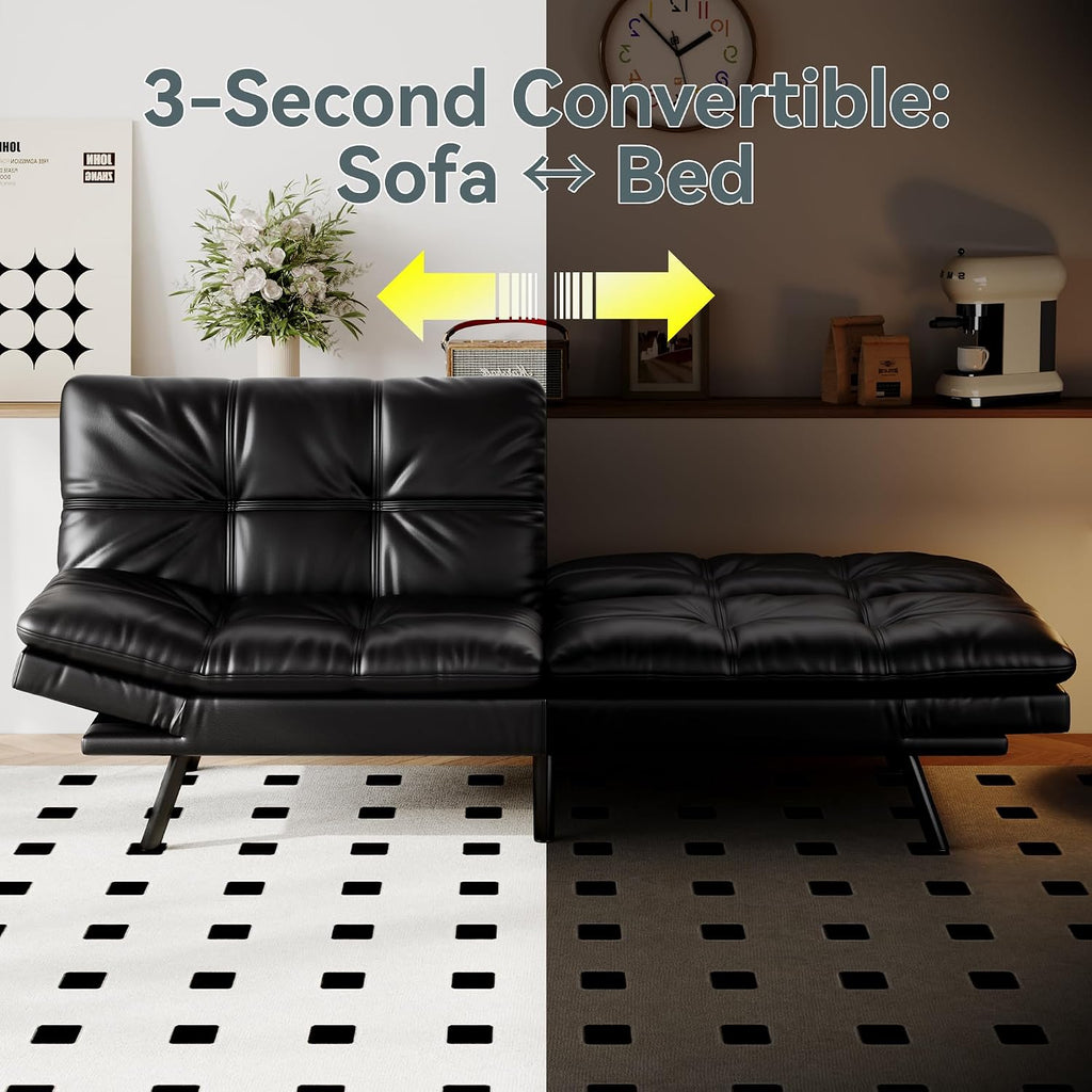 Futon Sofa Bed Convertible Couch, Black Faux Leather Sofa Bed with Memory Foam, Adjustable Backrest & Armrests, Multifunctional Small Loveseat Sleeper Sofa for Living Room, Apartment, Office