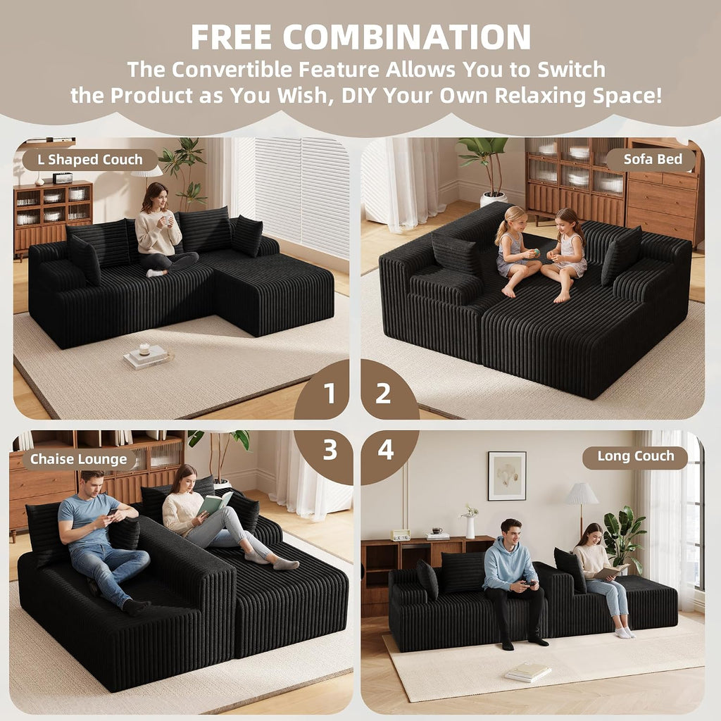 2026 New Boneless Couch, No Assembly Cloud Couch Sectional with Deep Seat & Chaise for Small Space, Upholstered Boneless Sectional Couch for Living Room, L Shaped Couch with Right Facing Chaise, Black