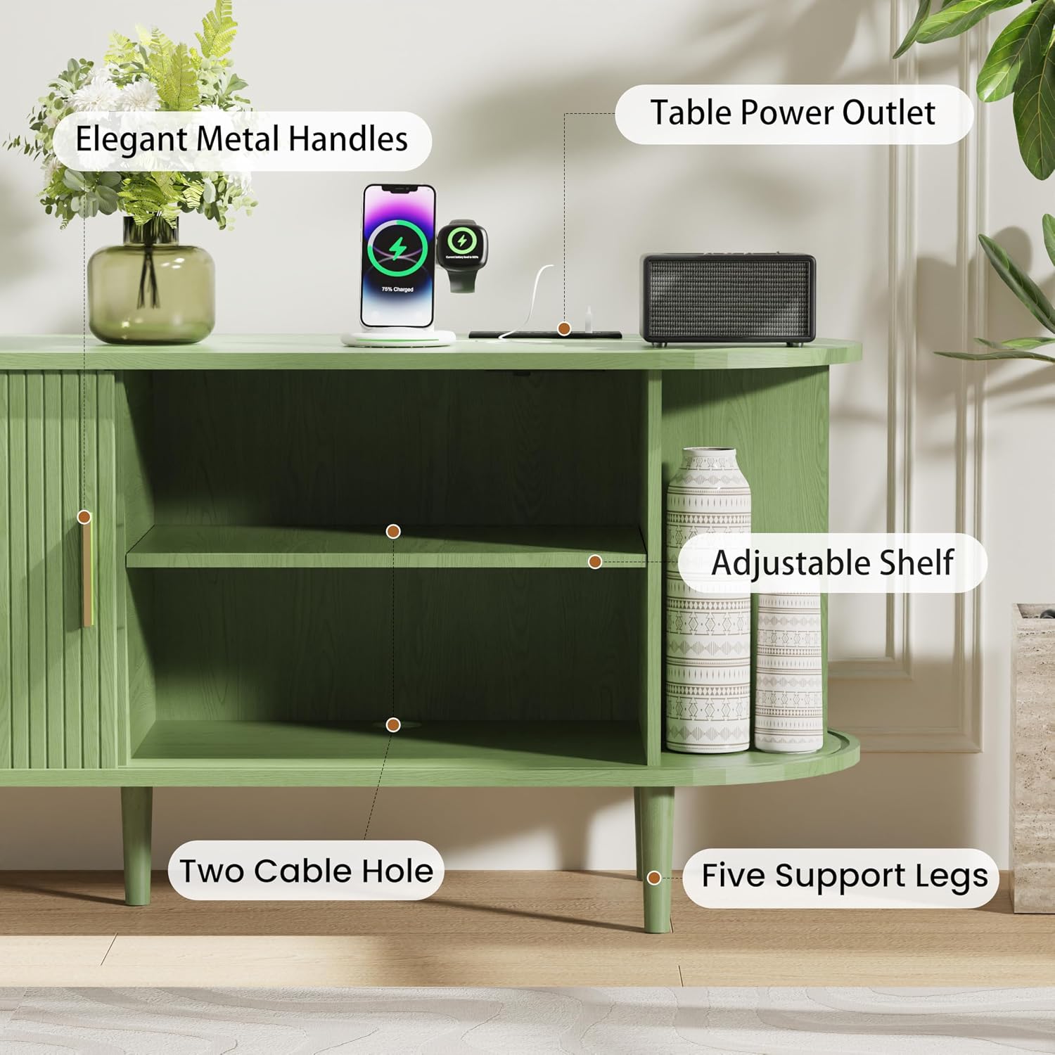 DHH 63 Inch Mid Century Modern TV Stand with Power Outlet for TVs up to 70 Inch, Entertainment Center with Storage and Adjustable Shelves, Media Console with Sliding Doors for Living Room(Green)