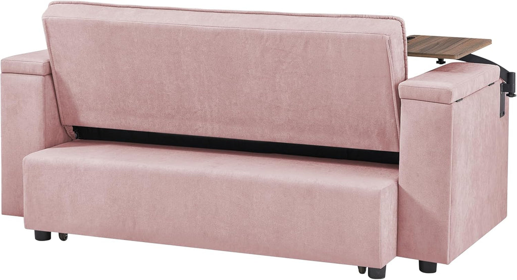 hansones 66' Multi-Functional Pull-Out Sofa Bed with Hidden Side Table, Storage Armrests, Built-in Charging Port, Spring Mattress, Solid Wood Frame – Ideal for Small Spaces, Easy Assembly