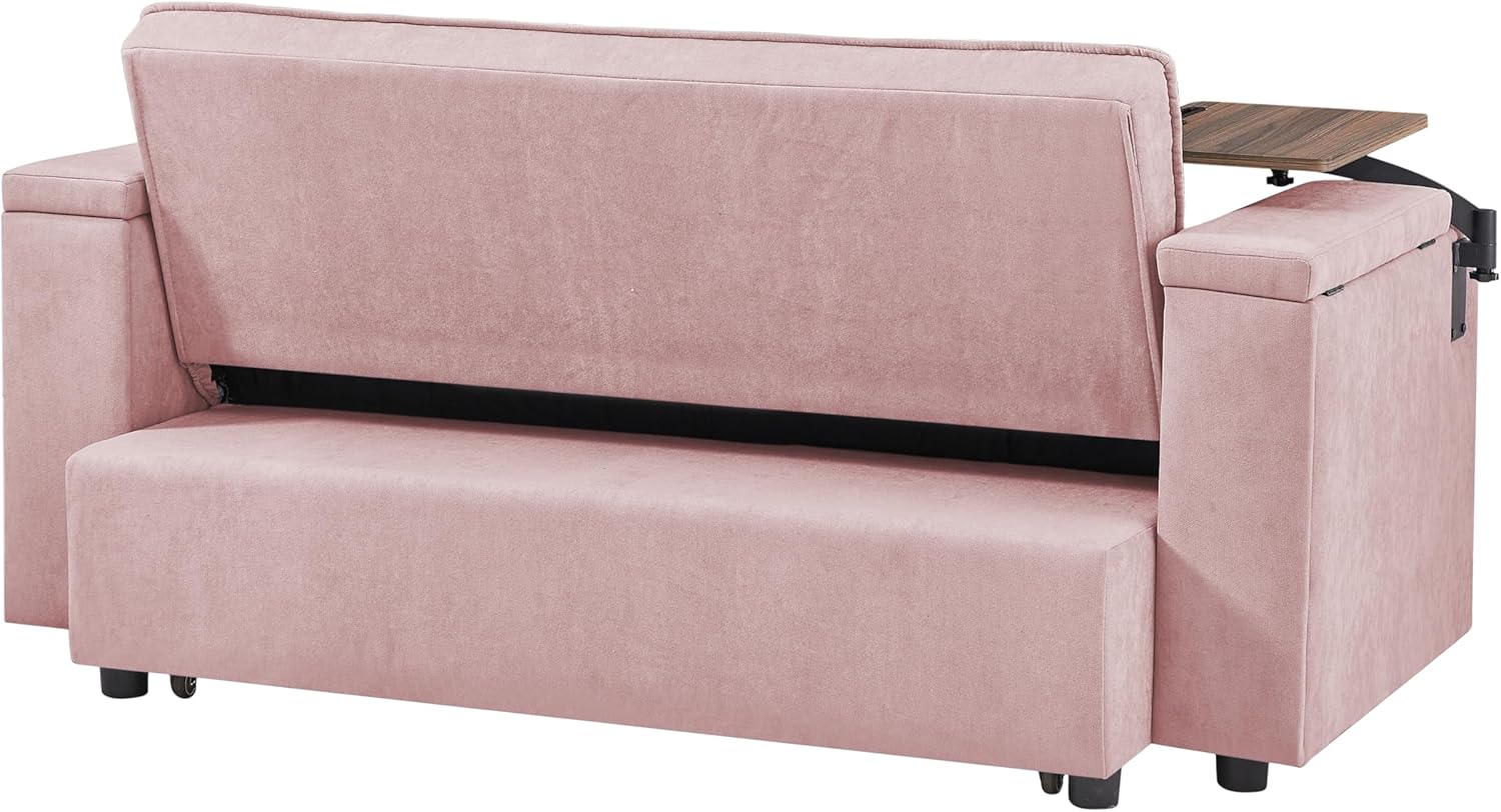 hansones 66' Multi-Functional Pull-Out Sofa Bed with Hidden Side Table, Storage Armrests, Built-in Charging Port, Spring Mattress, Solid Wood Frame – Ideal for Small Spaces, Easy Assembly