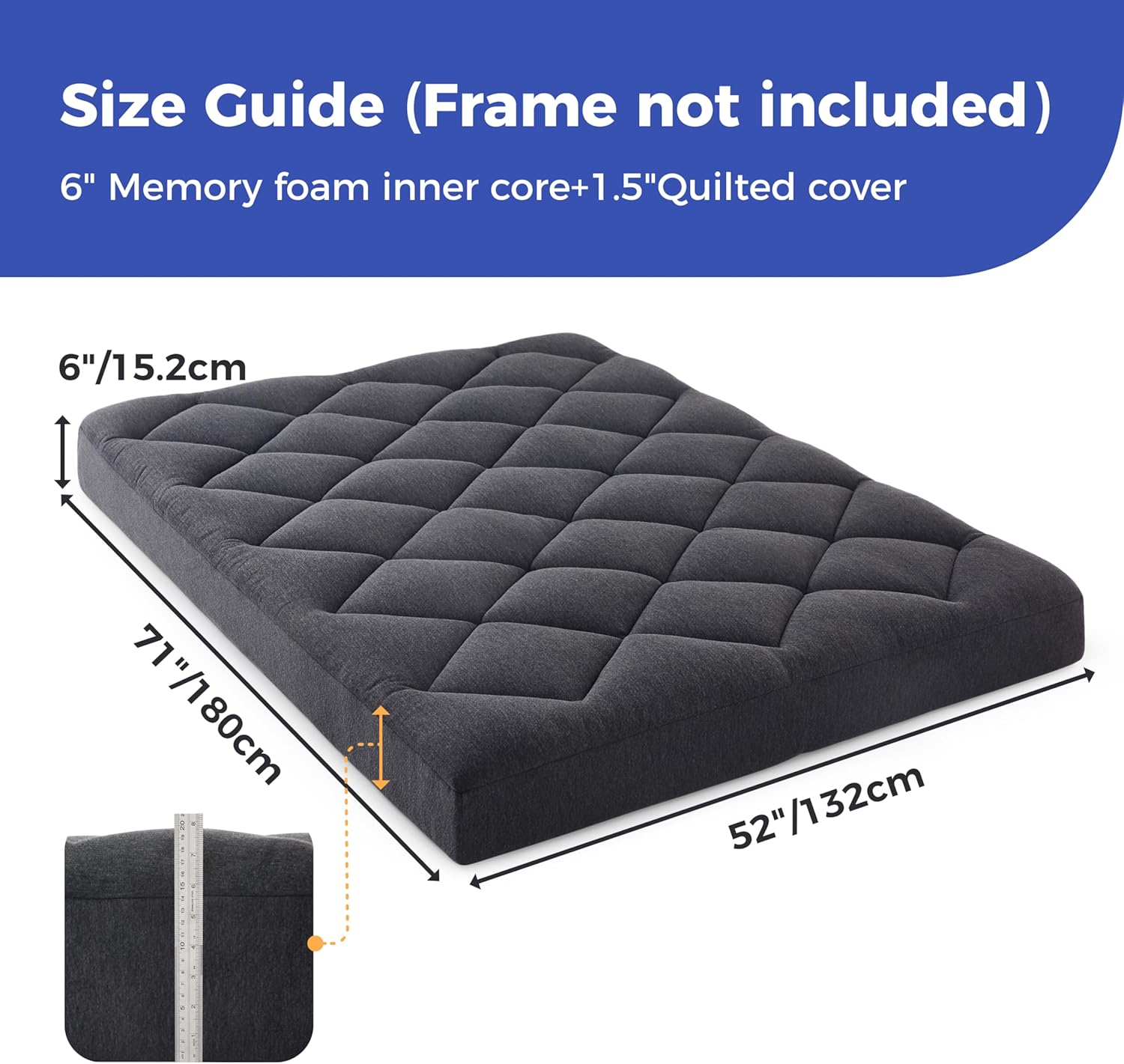Jamdok 6' Full Size Pillow Top Futon Mattress Replacement(Frame Not Included), Gel Memory Foam, Removable Cover(71X52X6)