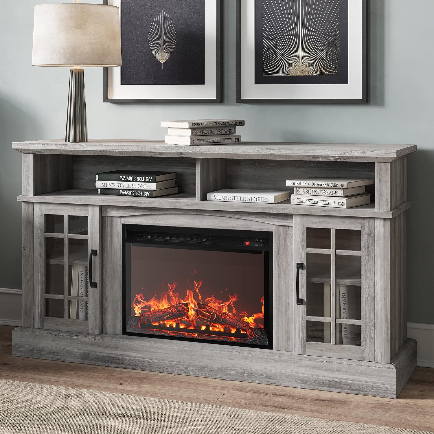BELLEZE Traditional 58' Rustic TV Stand with 23' Electric Fireplace Heater with Sound, Media Entertainment Center Console Table for TV up to 65' with Open Storage Shelves and Cabinets - Grey Wash