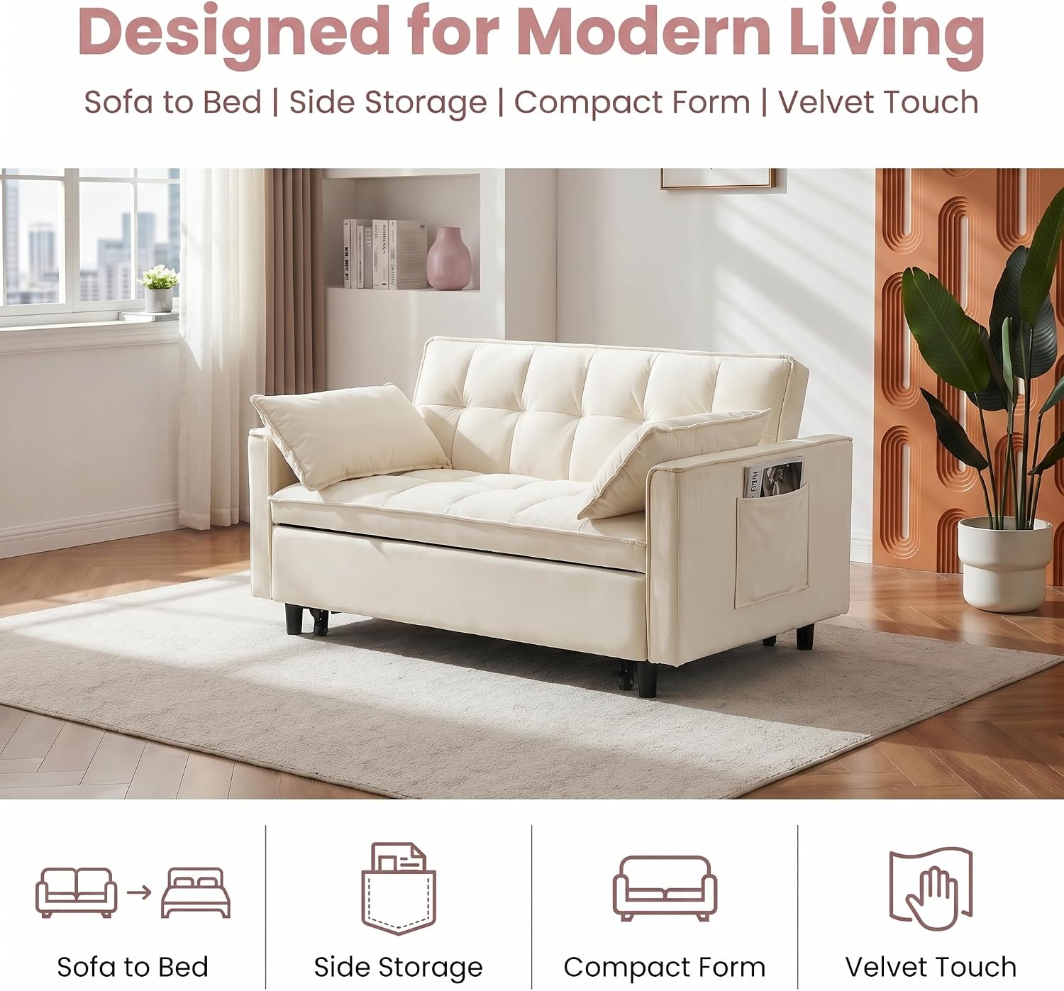 3 in 1 Convertible Sofa Bed, Loveseat Sleeper Sofa with Large Side Pockets, Pull Out Couch with Adjustable Backrest, Easy Assembly, Velvet Couch Bed for Small Spaces, Apartment, White
