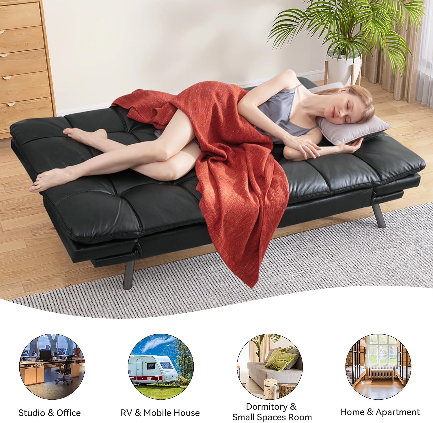 71' Convertible Futon Sofa Bed,Faux Leather Futon Couch Bed,Memory Foam Sleeper Sofa,Modern Folding Small Loveseat for Living Room,Office,Apartment,Matte Black