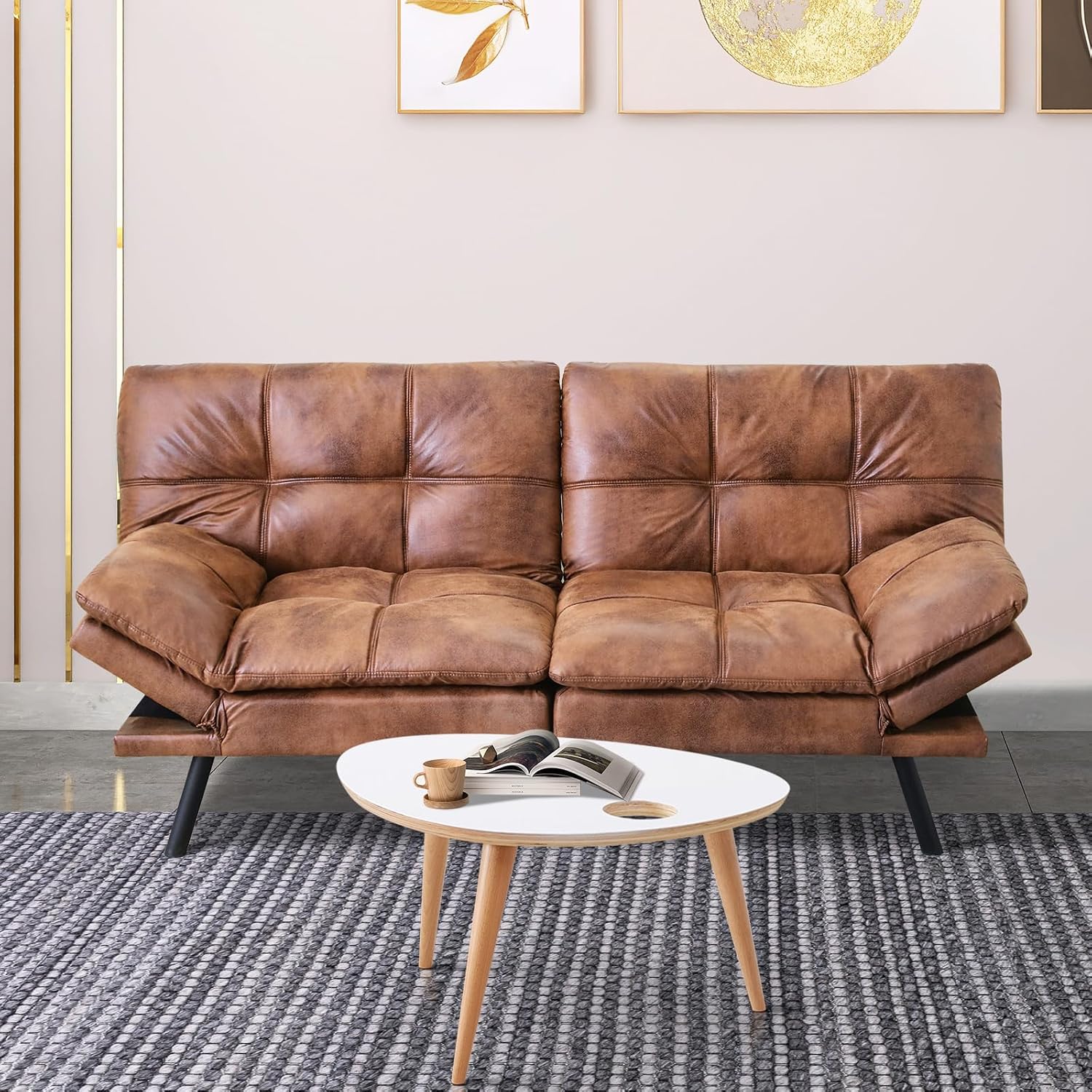 MUUEGM Futon Sofa Bed Couch Sofa, Memory Foam Futon Sleeper Sofa Loveseat Convertible Couch Bed for Small Compact Spaces, Apartment, Brown