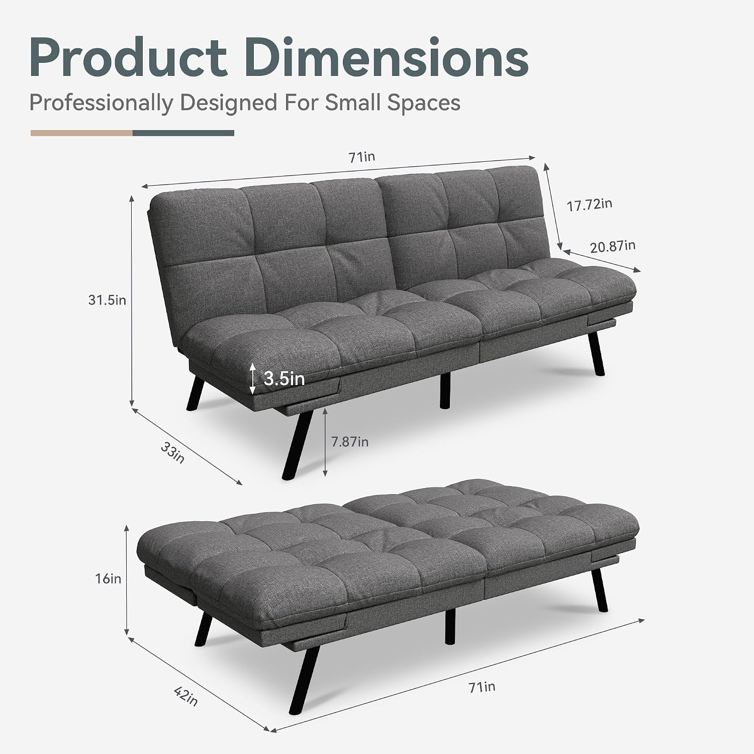 Futon Sofa Bed Convertible Couch, Grey Linen Sofa Bed with Memory Foam, Adjustable Backrest & Armrests, Multifunctional Small Loveseat Sleeper Sofa for Living Room, Apartment, Office