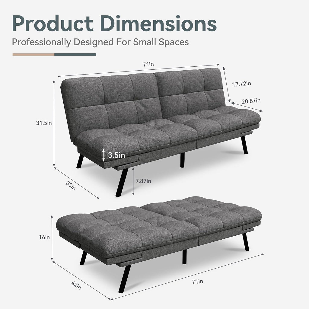 Vyfipt Convertible Futon Sofa Bed, Grey Linen Futon Couch with Adjustable Backrest & Armrests, Folding Small Recliner Sleeper Sofa Bed for Living Room, Apartment, Office