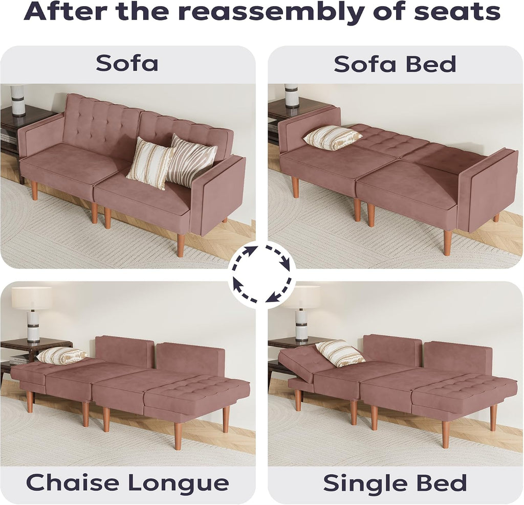 Furnify 71' Velvet Futon Sofa Bed, Versatile Loveseat Couch, Sleeper Sofa with Adjustable Backrest, Mid Century Modern Futon Couch for Small Space, Living Room, Office & Apartment, Velvet Fabric Pink