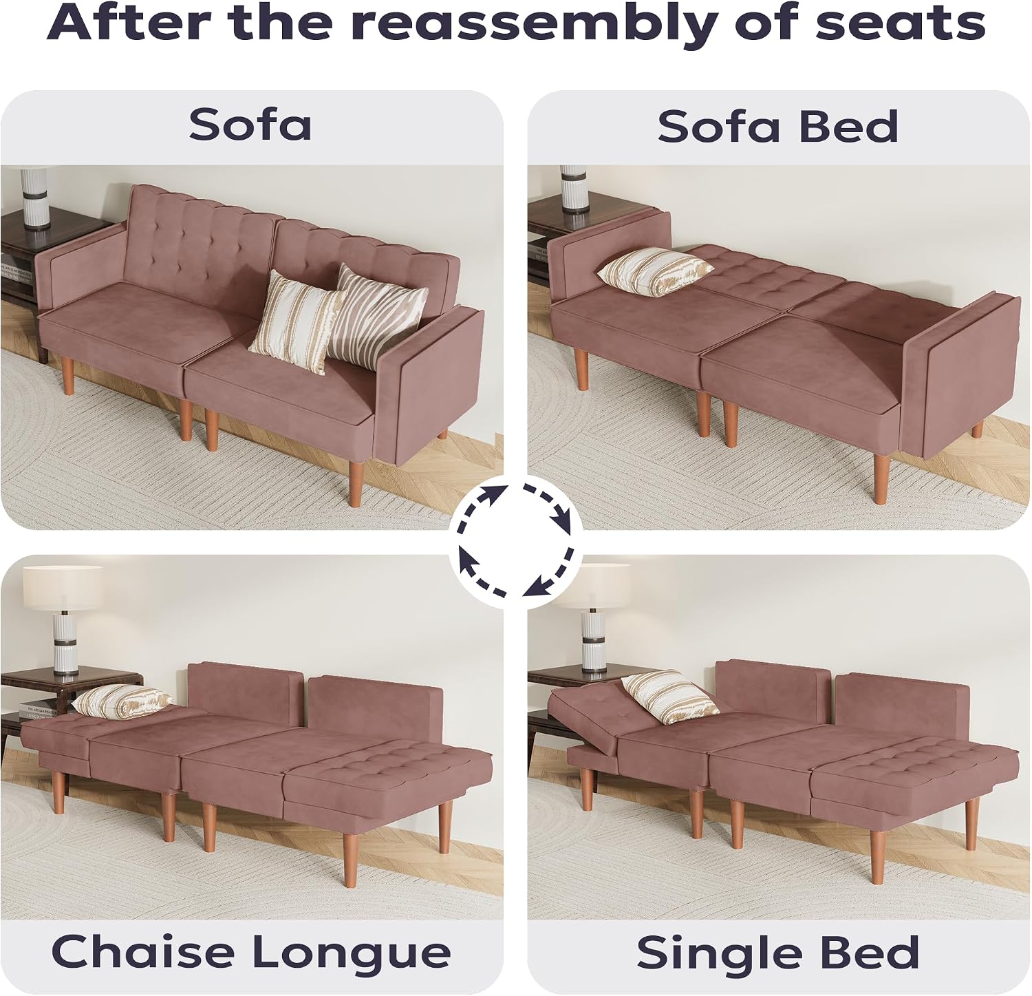 Furnify 71' Velvet Futon Sofa Bed, Versatile Loveseat Couch, Sleeper Sofa with Adjustable Backrest, Mid Century Modern Futon Couch for Small Space, Living Room, Office & Apartment, Velvet Fabric Pink