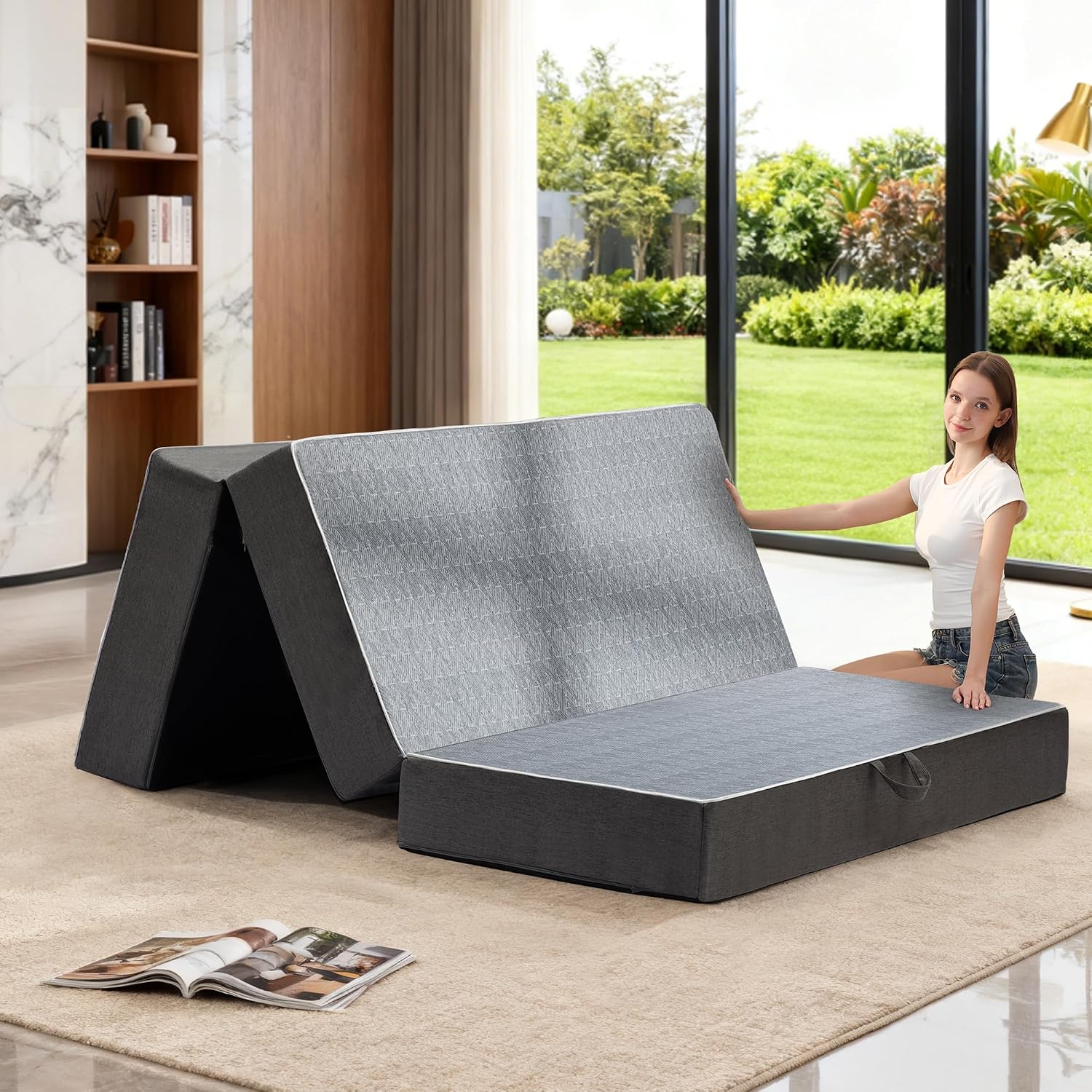Tri Folding Mattress Full Size - 6 Inch Dual-Layer Memory Foam Foldable Mattress Portable Futon Sofa Bed with Removable Washable Cover, Handle & Non-Slip Bottom for Guest, Camping, RV, Yoga, Home Use
