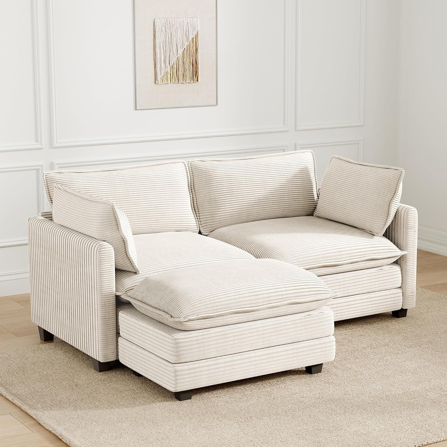 78'' Modular Sectional Cloud Couch with Movable Ottoman, 3 Seat Comfy Modern Corduroy Sofa with 2 Throw Pillows, Deep Seat L Shaped Couch for Living Room Bedroom Apartment, Beige