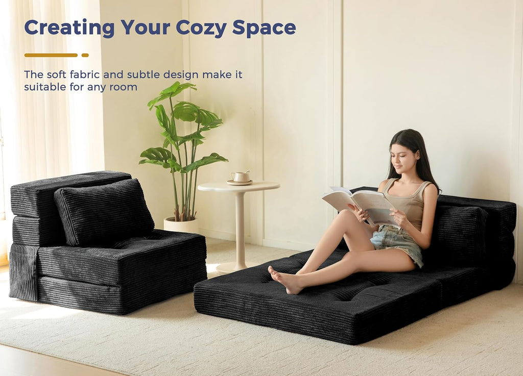 MAXYOYO Convertible Sofa Bed, Fold Out Sleeper Sofa with Pillow, 4 in 1 Tufted Folding Couch Bed Foam Floor Couch, Lazy Chair for Living Room Bedroom Guest Room, Black