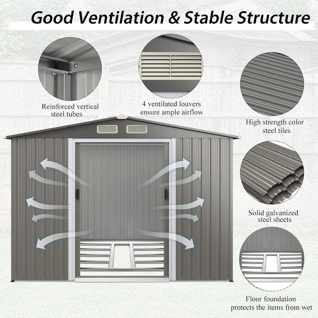 IRONMAX Outdoor Storage Shed with Floor, 8x6 FT Galvanized Steel Large Garden Shed w/Lockable Sliding Doors & Air Vent, Heavy Duty Tool Storage House for Backyard Patio Lawn