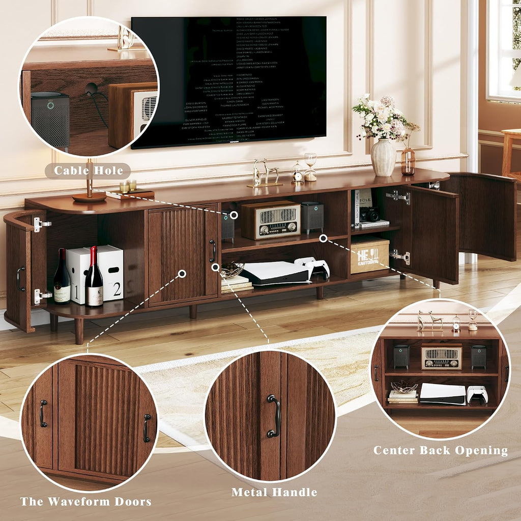 HUAHUU TV Stand for 75 inch TV, Mid Century Modern Entertainment Center for 55/60/65/75 inch TV, with Fluted Door Cabinets & Open Shelves, TV Consoles, Walnut