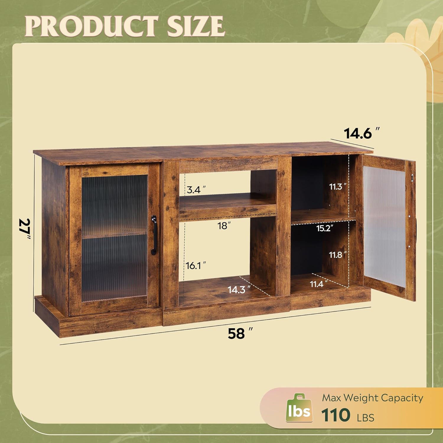 WLIVE Farmhouse TV Stand for 65 inch TV, 58' Entertainment Center with Storage Cabinets, Open Shelves TV Console for Living Room and Bedroom, Rustic Brown