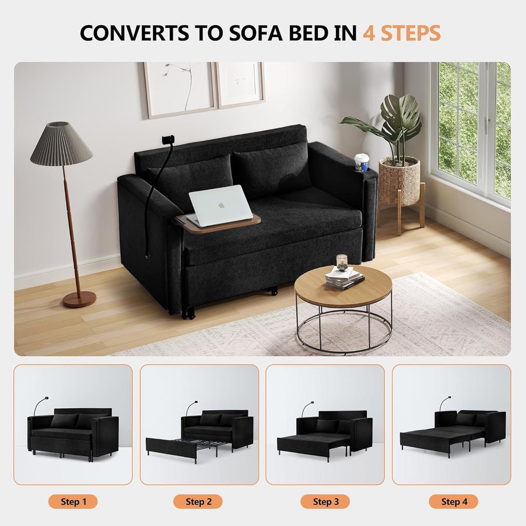 3-in-1 Convertible Sleeper Sofa Couch with Pullout Bed, Loveseat Sleeper Sofa Bed with Hidden Side Table, 56' Full Size Folding Futon Couch for Living Room Guest Room Apartment Home Office (Black)