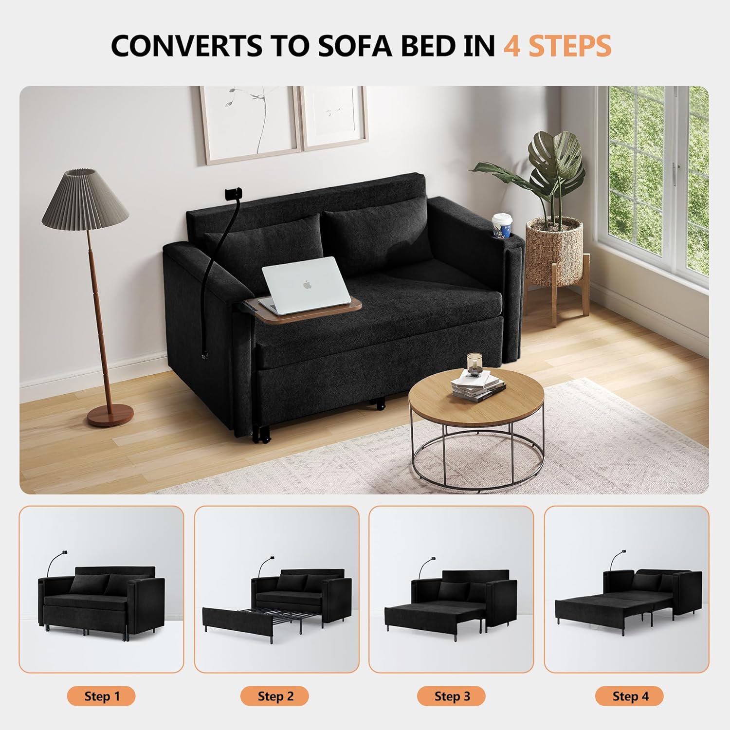 3-in-1 Convertible Sleeper Sofa Couch with Pullout Bed, Loveseat Sleeper Sofa Bed with Hidden Side Table, 56' Full Size Folding Futon Couch for Living Room Guest Room Apartment Home Office (Black)