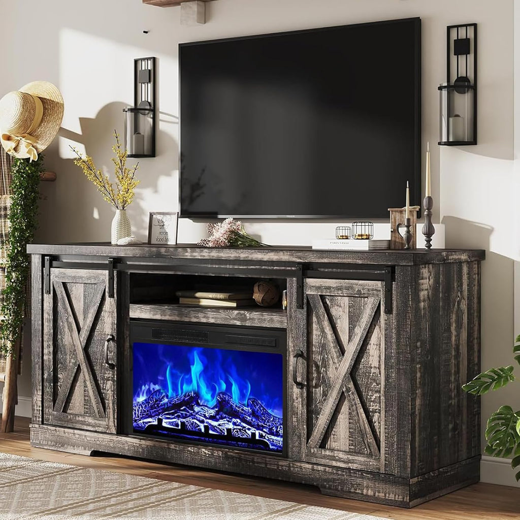 AMERLIFE Fireplace TV Stand with Sliding Barn Door for TVs up to 73', Farmhouse 63' Fireplace Entertainment Center with Storage Cabinets/Adjustable Shelves, Dark Rustic Oak