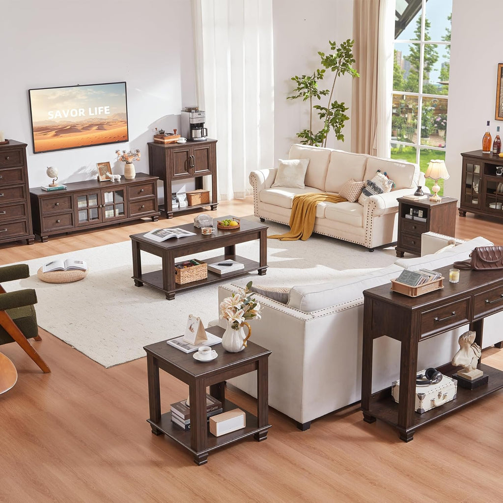 SAVOR LIFE Farmhouse TV Stands for Living Room, Brown Entertainment Center with Storage, Wood TV Console with 4 Drawers, Rustic TV Cabinet for 65 inch TV, Walnut