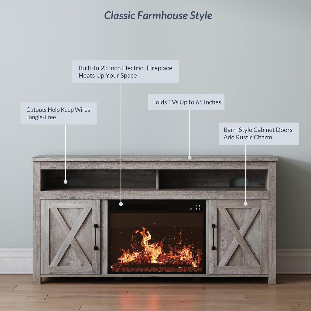 BELLEZE 58' Farmhouse Fireplace TV Stand for TVs up to 65', 23' Electric Fireplace Heater with Sound, Entertainment Center Media Console Table Barn Door Storage Cabinets for Living Room -Gray
