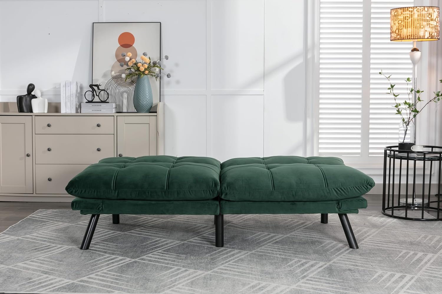 Convertible Futon Sofa Bed for Small Spaces, Modern Multi-Functional Sleeper with Adjustable Backrest, Tufted Brown Fabric Couch for Living Room, Apartment, Dorm (Emerald)