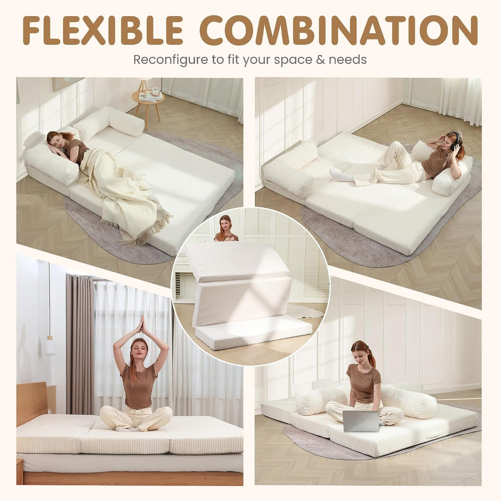 Convertible Sofa Bed Full,5-in-1 Folding Boneless Couch Corduroy Futon Sofa Bed,Tri-Fold Mattress with Removable Armrests & Handle,Sleeper with Pull Out Bed for Small Space Living Room Bedroom