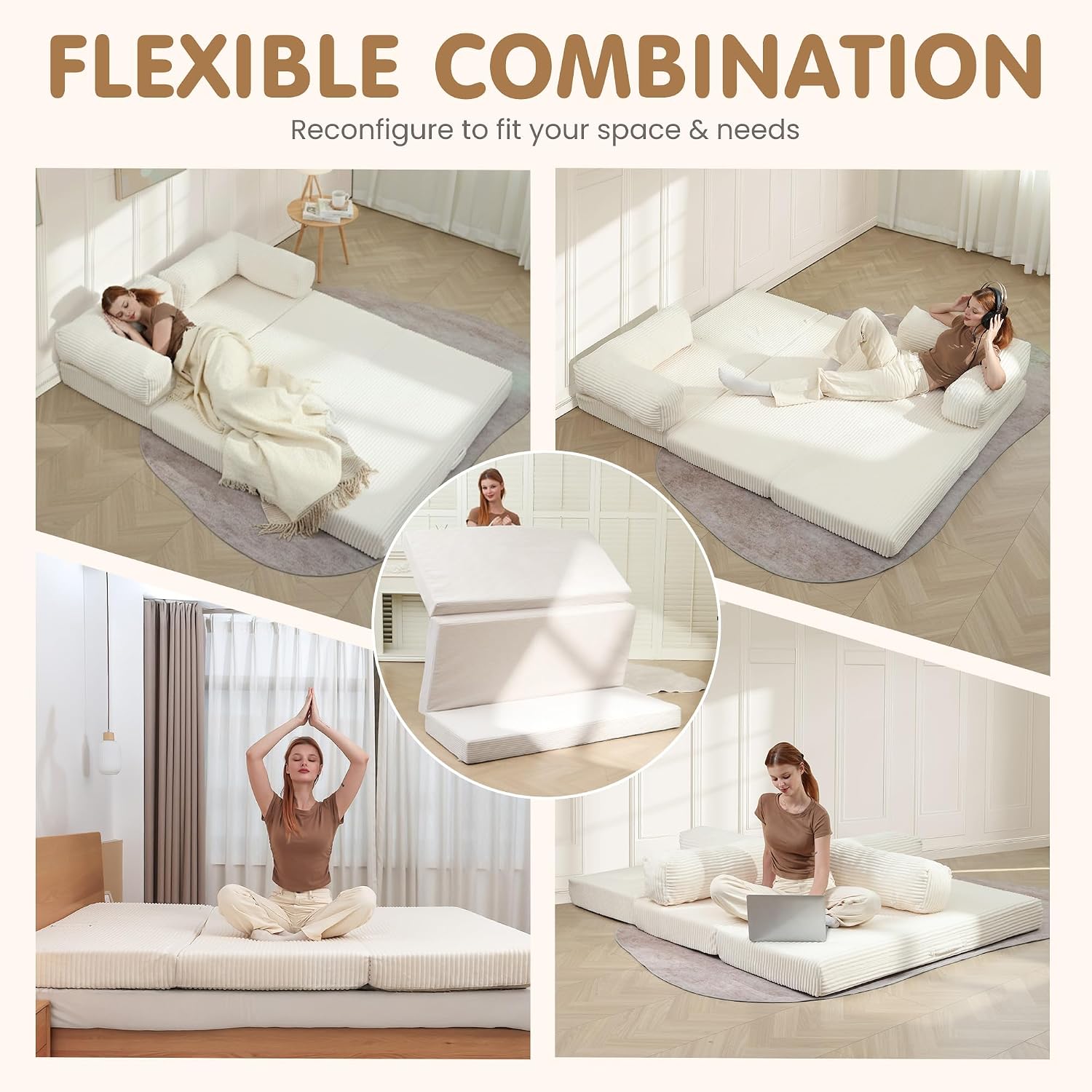 Convertible Sofa Bed Full,5-in-1 Folding Boneless Couch Corduroy Futon Sofa Bed,Tri-Fold Mattress with Removable Armrests & Handle,Sleeper with Pull Out Bed for Small Space Living Room Bedroom